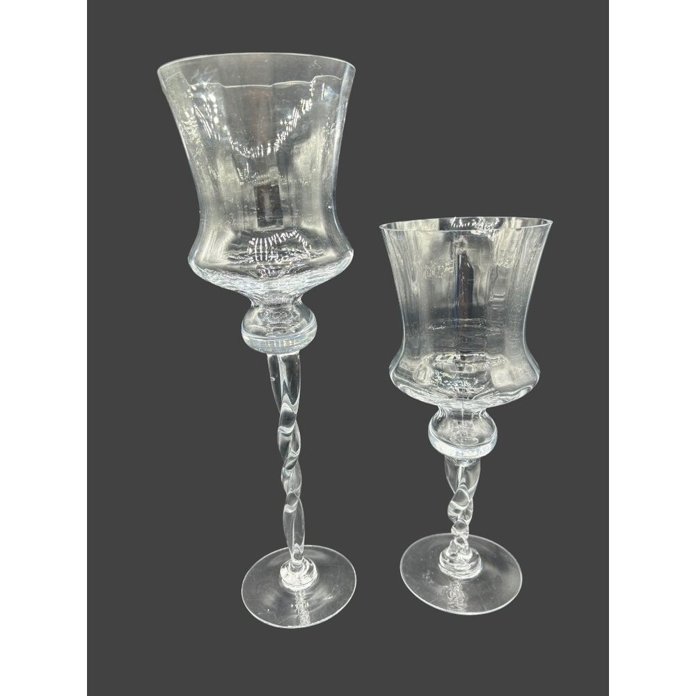 Glass Twisted Stem Clear Large Candle Holders Set Of 2 Vintage 16" and 12" Tall